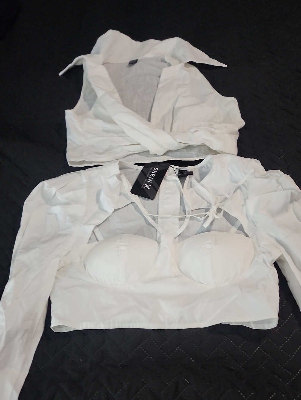 2 Pc SHEIN White Long Sleeve Crop Top with Built-In Padded Bra Detail